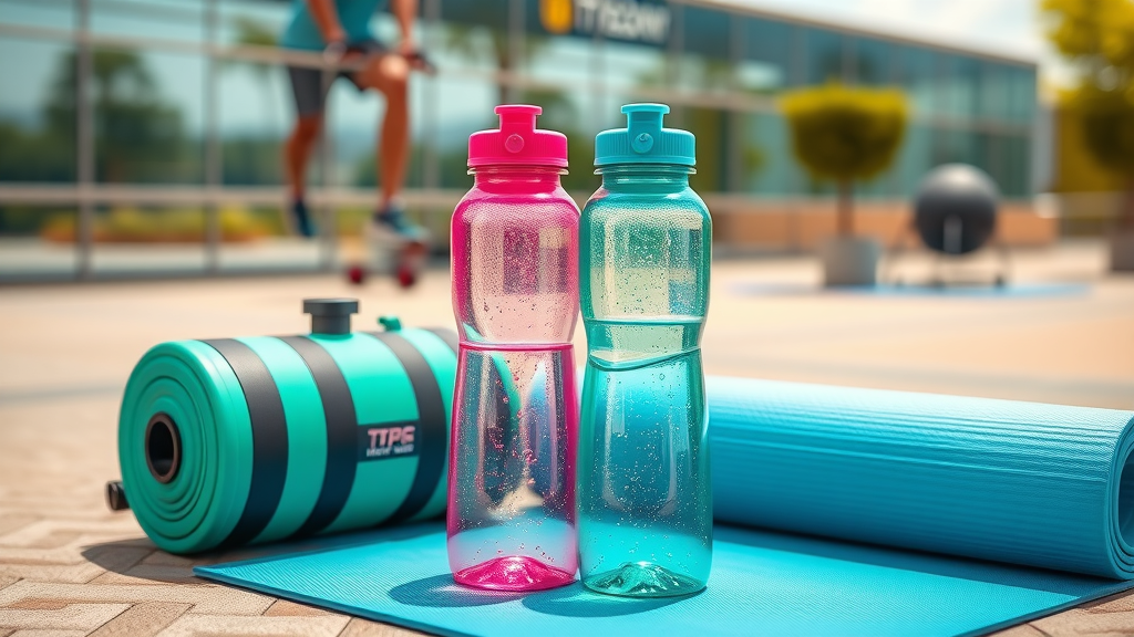 Outdoor fitness setting with colorful BPA-free plastic hydrogen water bottles alongside gym equipment, showing active lifestyle use for water bottles