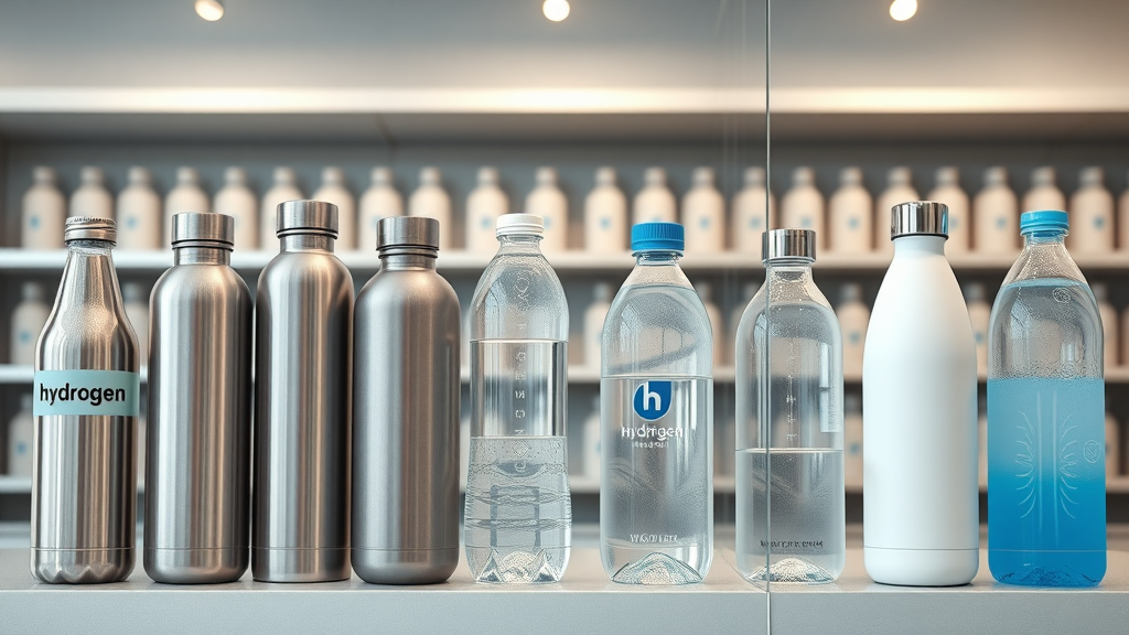 Array of top hydrogen water bottle models, including stainless steel, glass, and plastic, displayed on a modern retail shelf.
