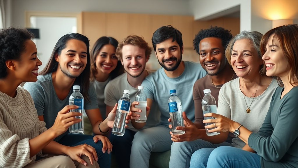 Diverse group sharing hydrogen water experiences with Piurify and Echo Go bottles