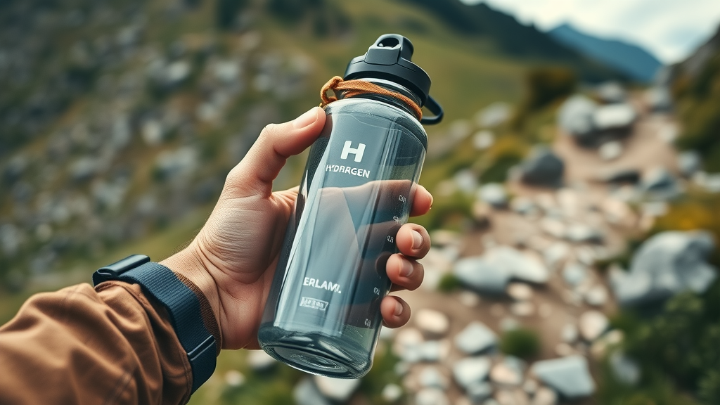Durable rugged hydrogen water bottle held by hiker on scenic mountain trail, designed for portable outdoor use