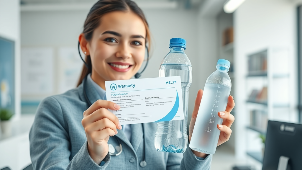 hydrogen water bottle warranty - Customer service agent with warranty card and hydrogen water bottle, photorealistic, friendly help center, transparent card, welcoming demeanor, crisp clarity, white-blue palette, soft lighting, 50mm lens