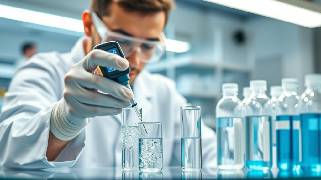 hydrogen water generator test - Scientist analyzing hydrogen water samples with digital meter, high-tech lab, glass vials, bubbling, precise hand placement, laboratory-grade crispness, scientific palette, 50mm macro lens