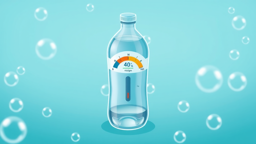 infographic digital meter showing high hydrogen concentration in water bottle, water molecules stylized in background