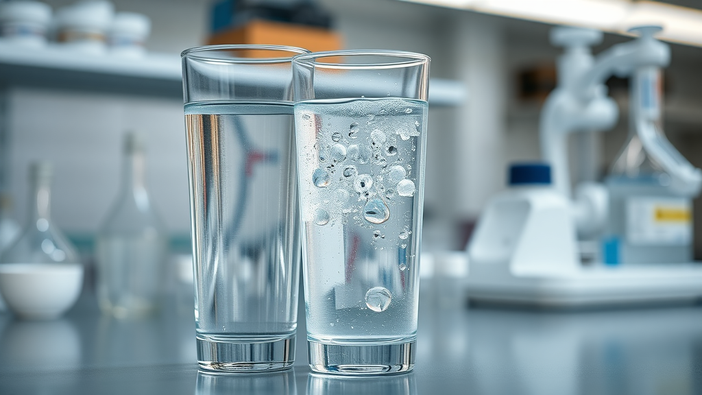 Comparison of crystal clear hydrogen water and regular tap water with bubbles in hydrogen water glass