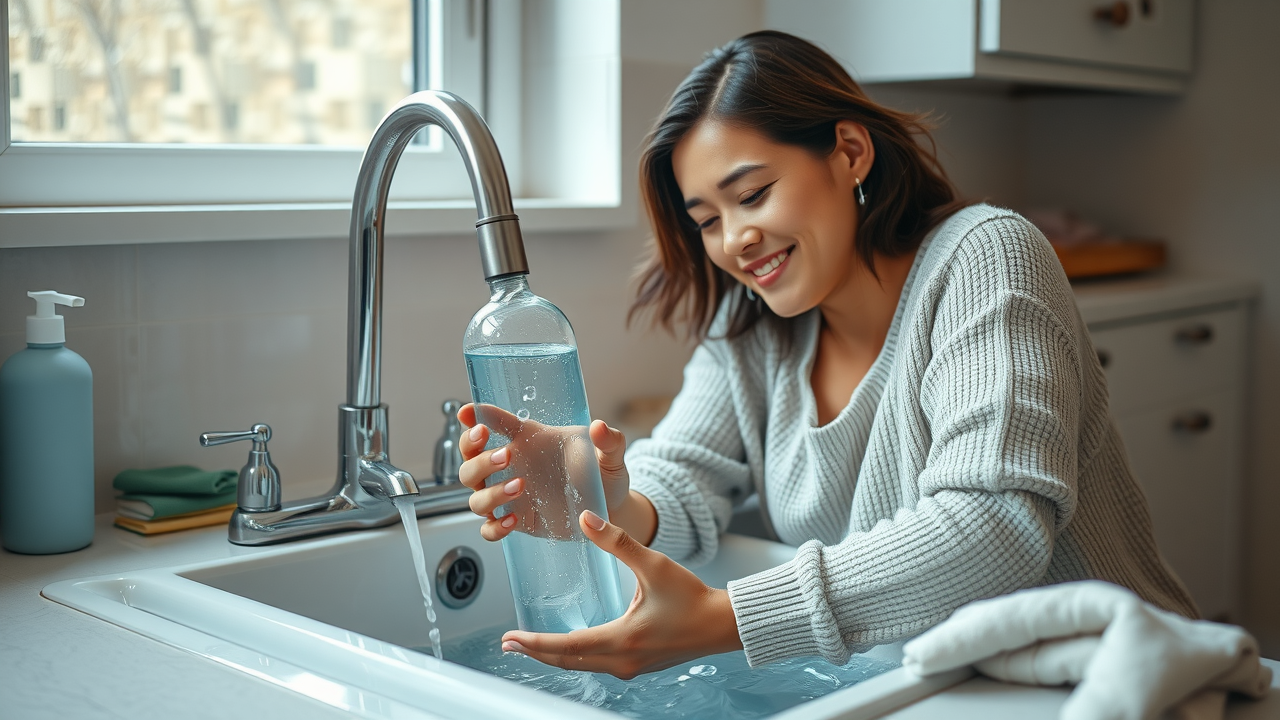 user gently cleaning hydrogen water bottle under kitchen sink, everyday maintenance scene, soft lighting