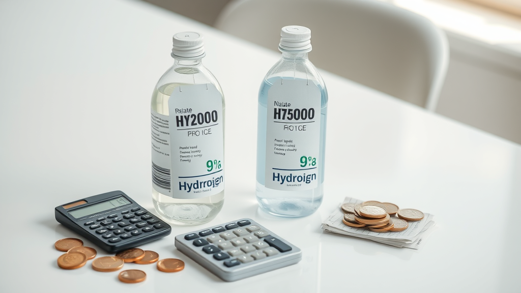 hydrogen water bottle price comparison - Two bottles with price tags, calculator, coins, receipts, transparent bottle details, high financial detail, crisp textures, neutral blue accents, 24-70mm lens