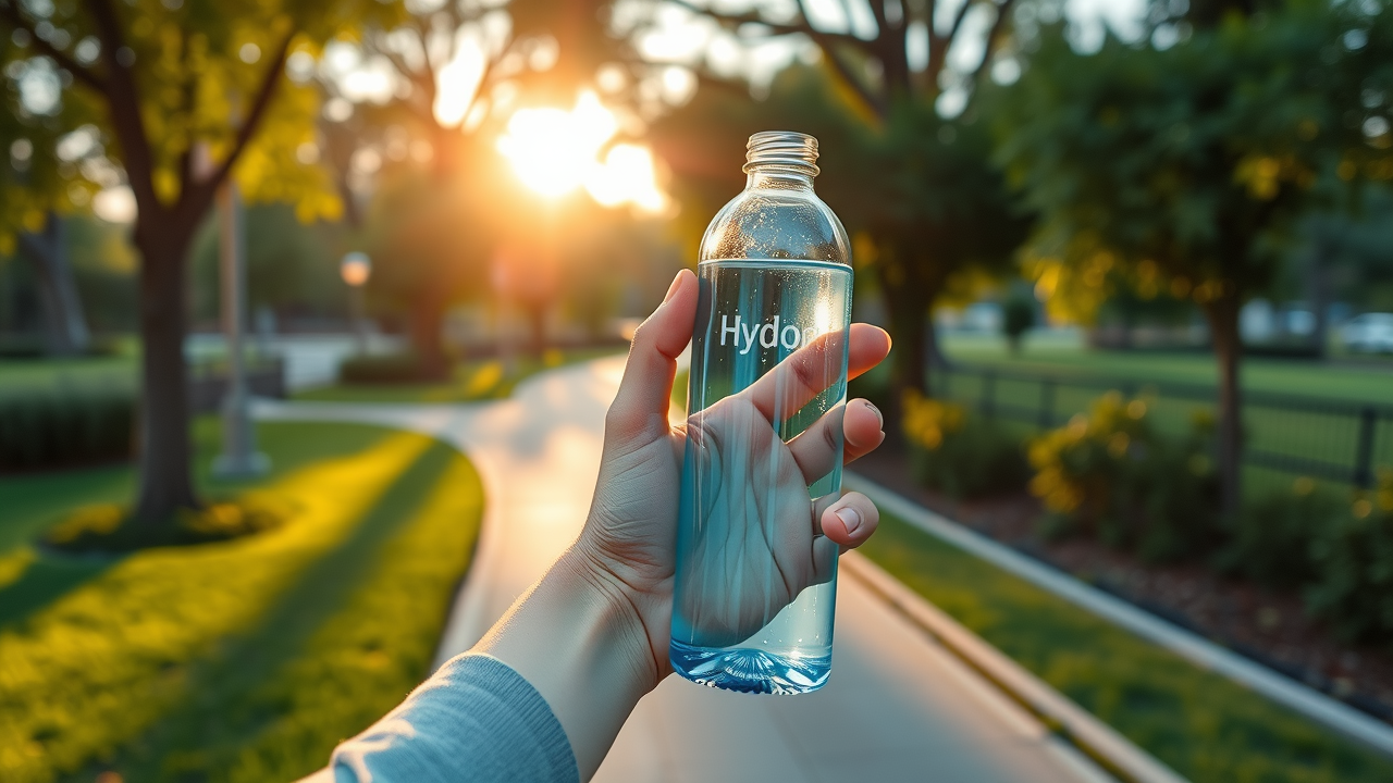 hydrogen water bottle ergonomics - Hands comfortably holding hydrogen water bottle in outdoor park, photorealistic, gentle grip, tactile glass detail, green earth hues, golden hour lighting, 35mm lens