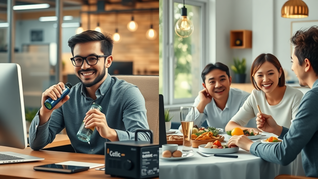 Split-scene: young professional using a portable hydrogen water bottle in the office vs a family using a home water generator at dinner. Visual comparison of device usage and user satisfaction.