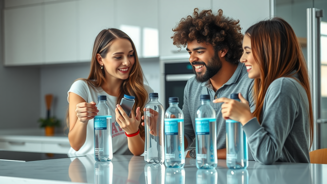 Young adults examining advanced hydrogen water bottles in a modern kitchen, evolv vs echo hydrogen water bottle on countertop, casual social interaction.