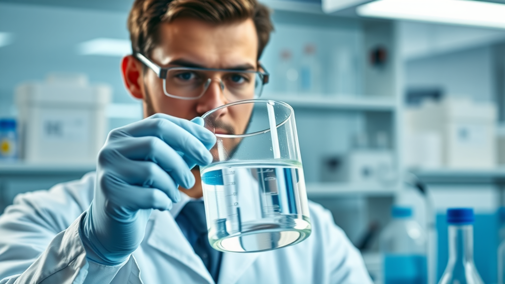Laboratory technician testing sample from hydrogen water bottle for quality assurance