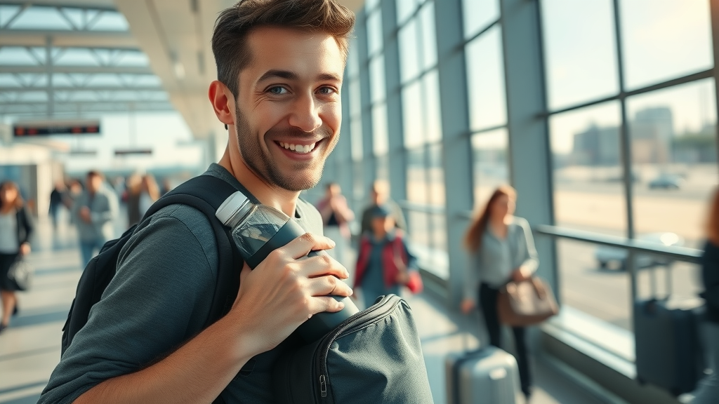 Dynamic travel setup with portable hydrogen water bottle being placed into a backpack at an airport. Portable hydrogen water for busy lifestyles.