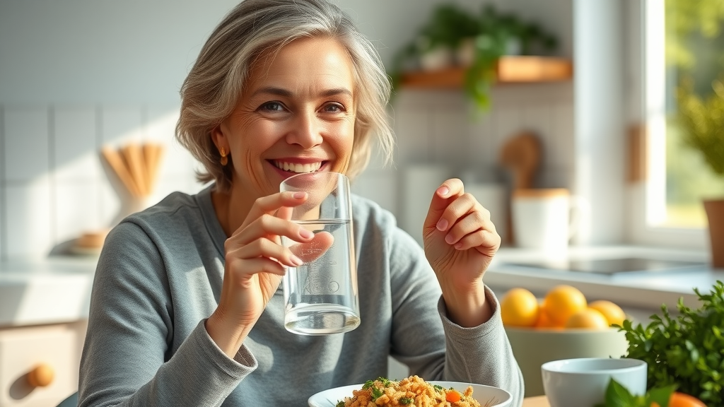 Middle-aged woman drinking hydrogen water from bottle at breakfast, highlighting health benefits