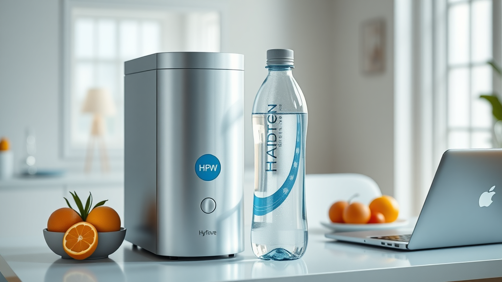 Modern scene comparing hydrogen water bottle and hydrogen water machine positioned side by side—demonstrating practical usage and differences for hydrogen water bottle price comparison buyers