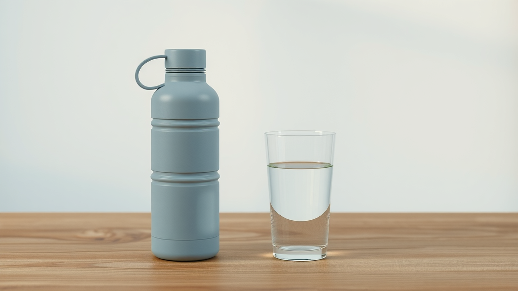 Minimalist display of an empty portable hydrogen water bottle next to a full glass, highlighting low capacity compared to richer water pitchers or generators.