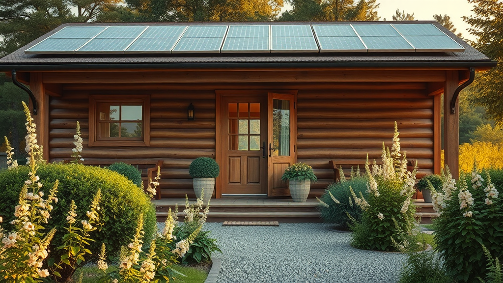 Eco-friendly lodge with solar panels and a guest using a hydrogen water bottle