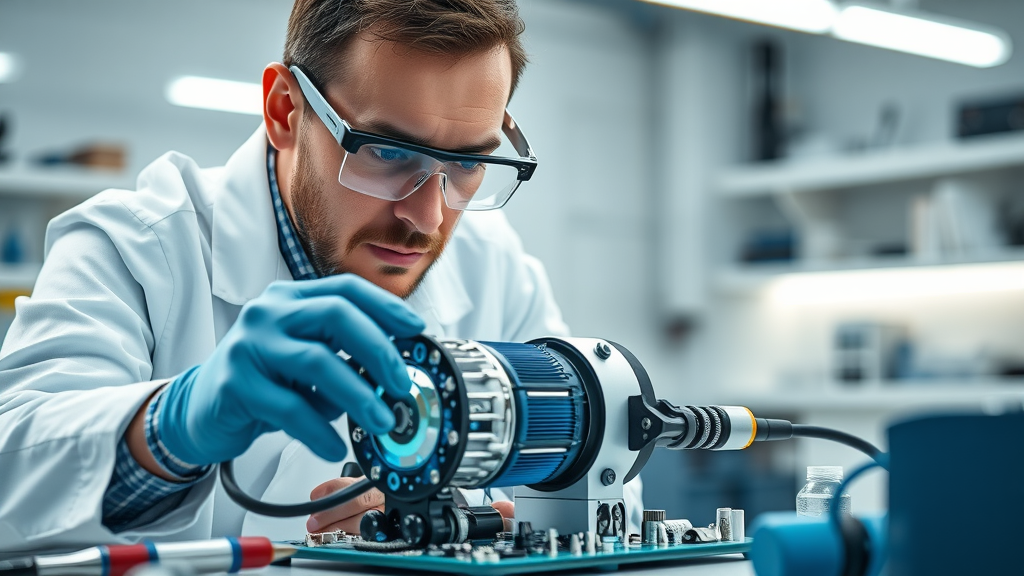 hydrogen water generator expert analysis - Technician examining generator technology core, open circuit board, photorealistic, innovation lab, precise hardware detail, blue/silver tones, clear lighting, 90mm macro lens