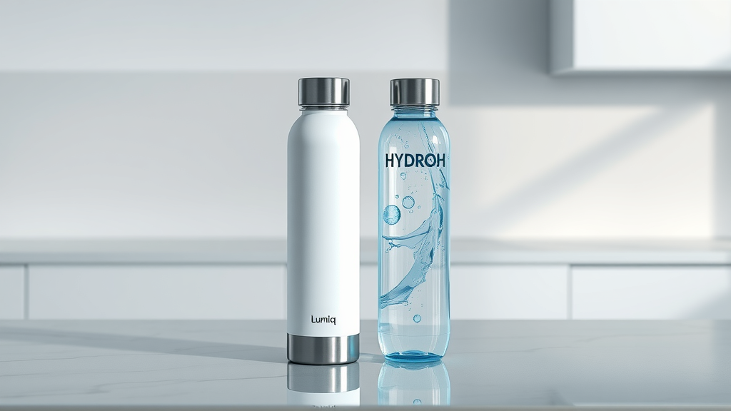 lumiq vs hydroh hydrogen water bottles - Sleek visuals of both bottles on minimalist countertop, subtle steam, water droplets, high clarity, smooth textures, white and blue highlights, studio softbox lighting, 85mm lens