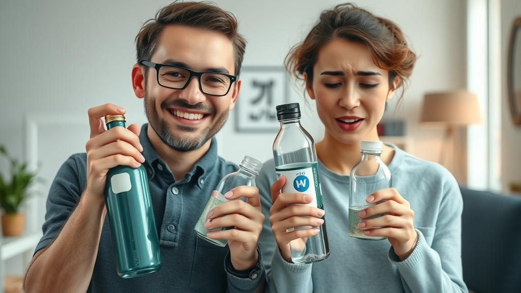 Expensive hydrogen water bottle owner smiling with pristine bottle next to frustrated owner with a damaged, cheap hydrogen bottle