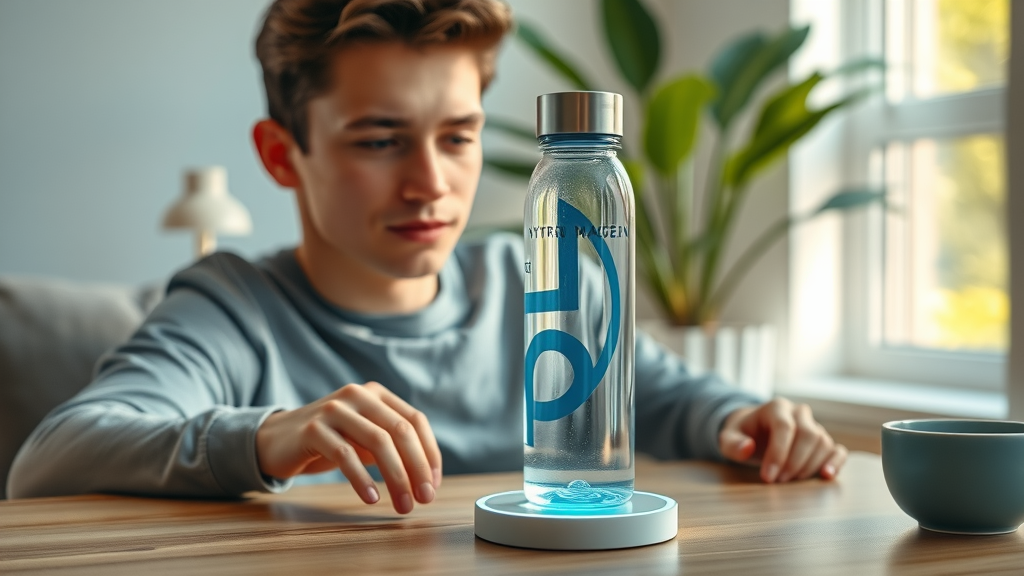 Hydrogen water bottle charging with LED indicator glowing and a relaxed user observing battery life