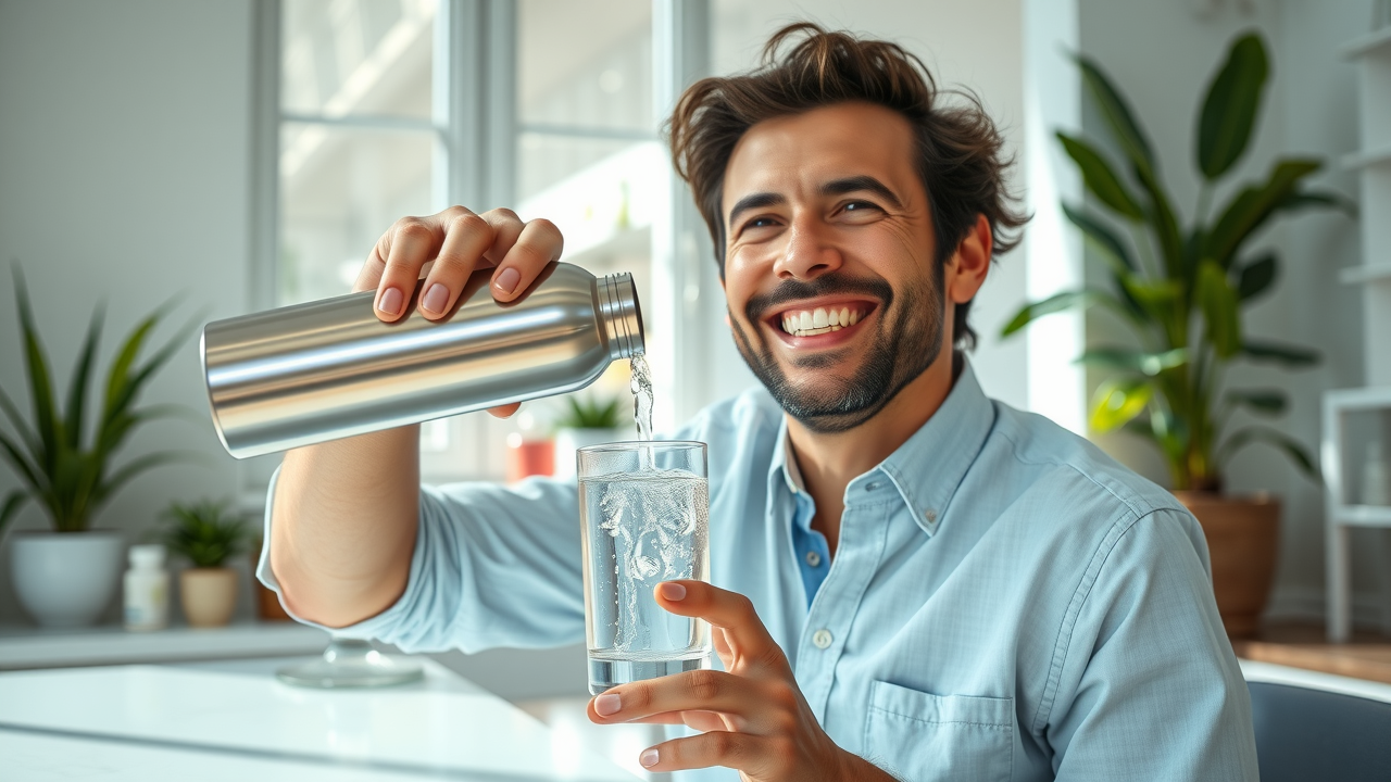 Smiling user pouring water from a high-end premium hydrogen water bottle—stainless steel, visible hydrogen bubbles