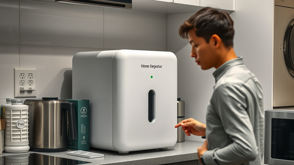 Bulky home hydrogen water generator on a crowded kitchen counter, showing the space and installation trade-offs compared to portable hydrogen water bottles.