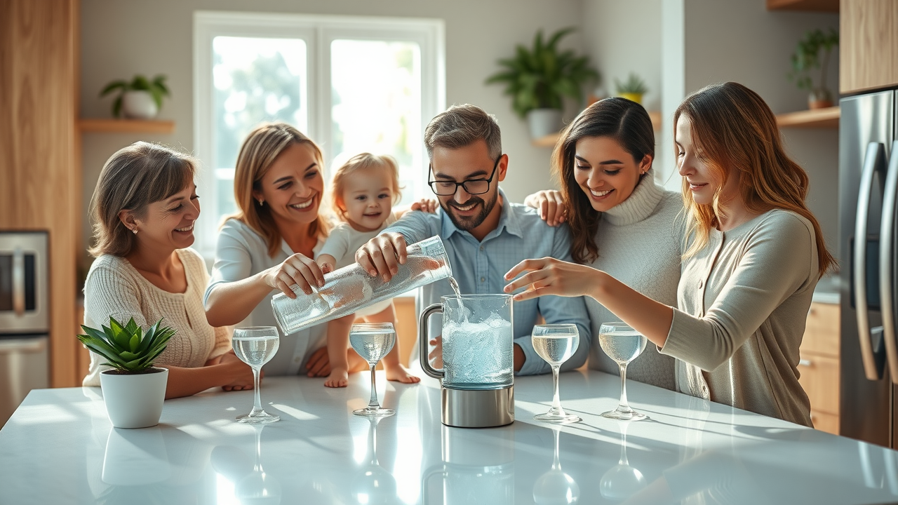 Family enjoying hydrogen-rich water from a large home hydrogen water machine at their kitchen island. Shows drinking hydrogen water as part of household routine.