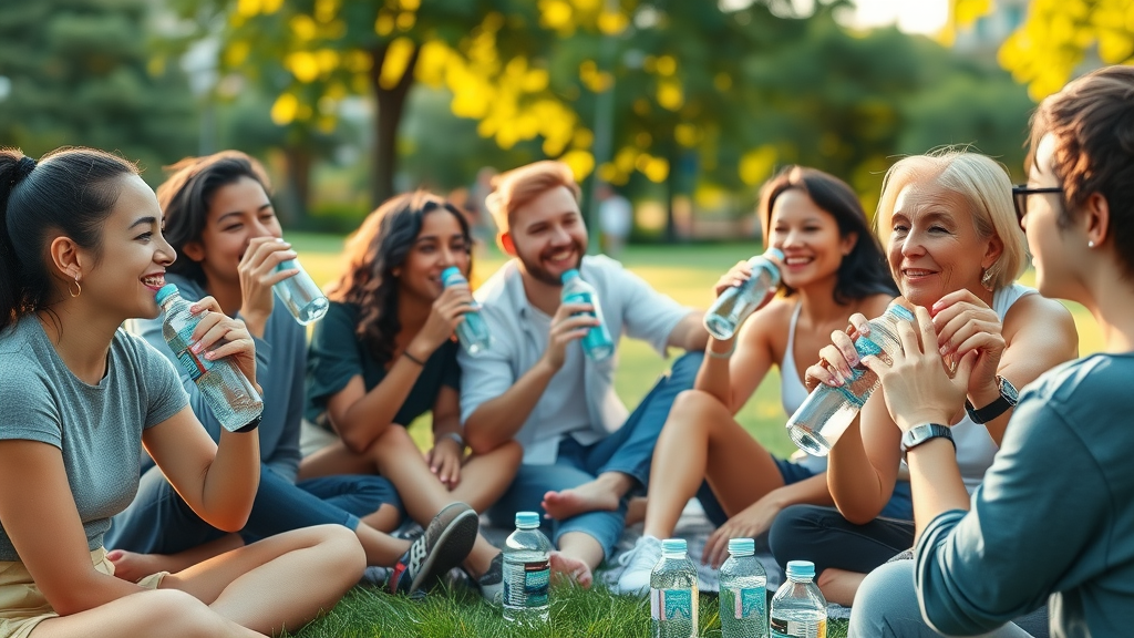 Diverse people drinking from hydrogen water bottles in an urban park, enjoying a healthy and refreshing break.