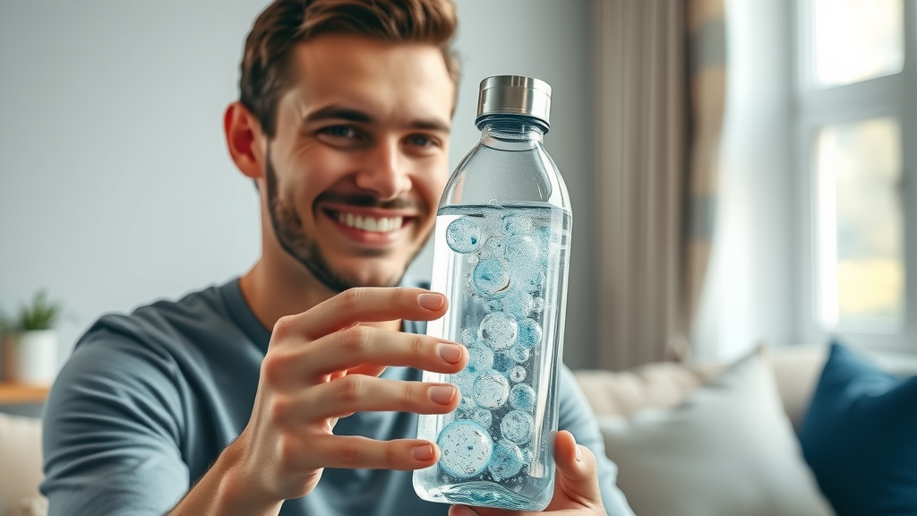 Confident user inspects a premium glass hydrogen water bottle, pleased with visible hydrogen bubbles