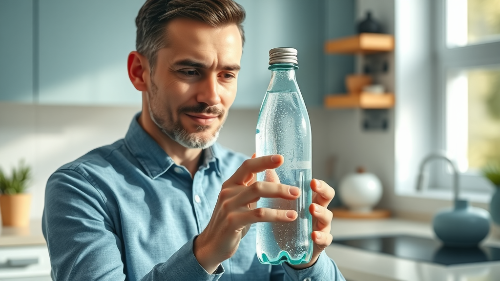 Modern hydrogen water bottle durability being inspected by a thoughtful adult in a bright kitchen, with crisp glass, metallic accents, and blue-green tones