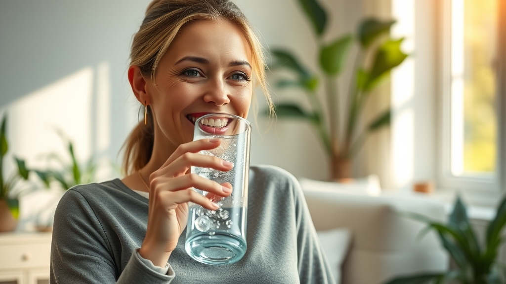 Healthy woman energized while drinking from stylish hydrogen water bottle with visible hydrogen bubbles