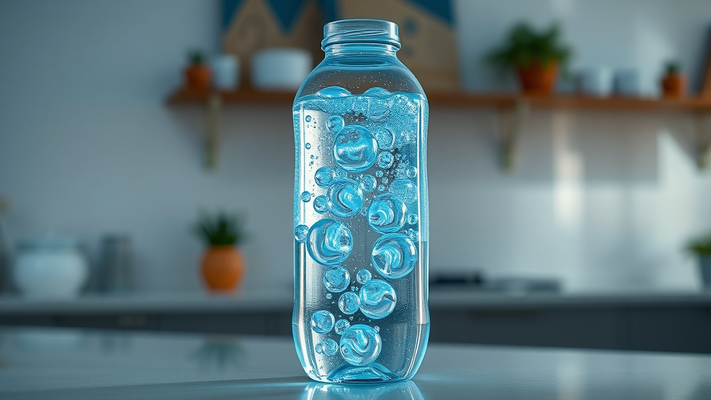 Macro close-up of a premium hydrogen water bottle creating bubbles—molecular hydrogen in glass bottle for healthy water