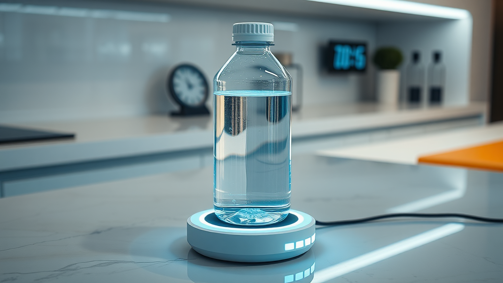 Hydrogen water bottle charging on wireless dock with efficient LED lights and digital clock on high-tech countertop