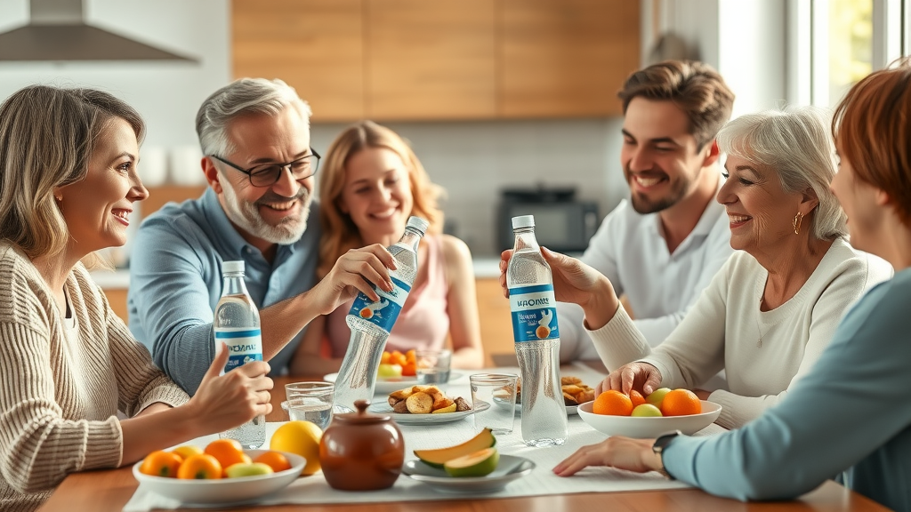 Happy family with hydrogen water bottles enjoying breakfast together in a sunlit kitchen, radiating wellness and joy.