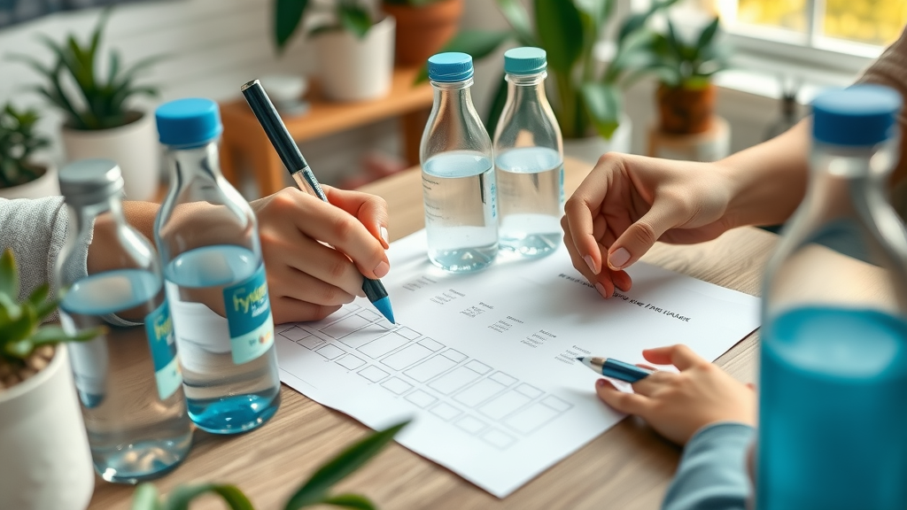 Checklist for choosing a hydrogen water bottle—hands ticking boxes, bottles on table, natural light