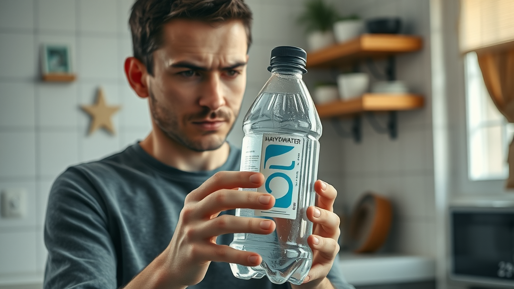 A user inspects a cheap plastic hydrogen water bottle in a budget kitchen, showing faded label and few hydrogen bubbles—cheap hydrogen water bottle