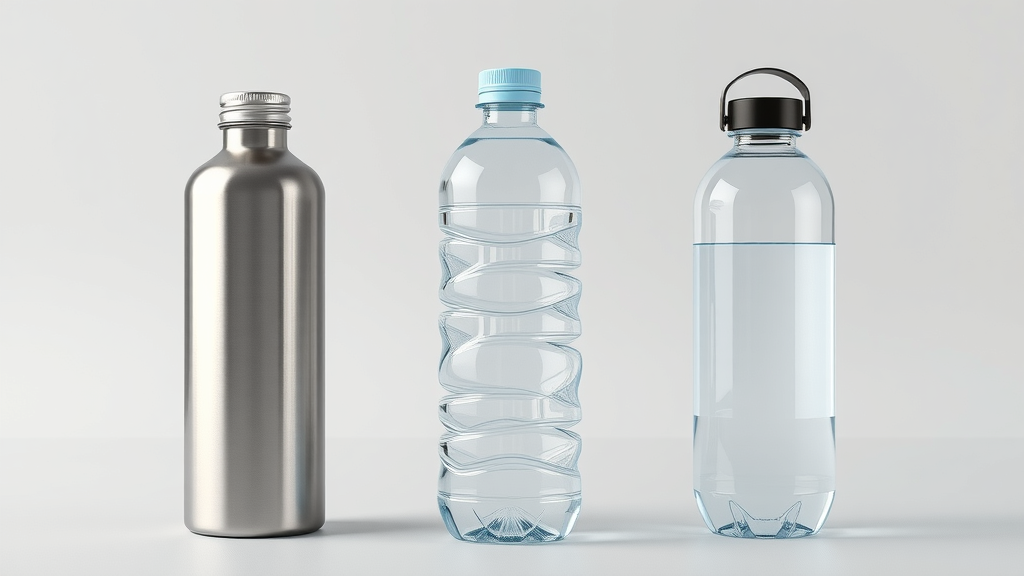 Photorealistic lineup: stainless steel, glass, and plastic hydrogen water bottles on a neutral background for material comparison