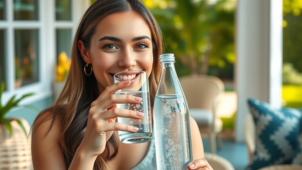 Young woman smiles, enjoying premium hydrogen water bottle on patio—abundant bubbles in glass bottle