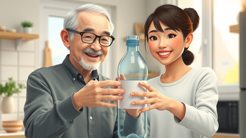 Older adult and young adult assembling hydrogen water bottle at home