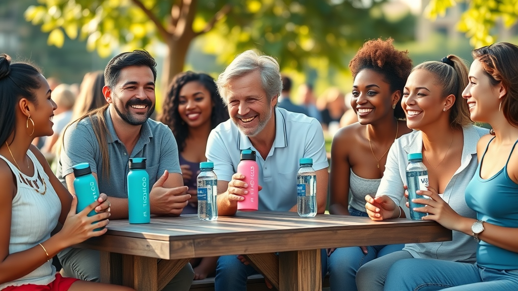 Diverse group of people discussing and holding Evolv and Echo hydrogen water bottles in an outdoor picnic setting, evolv vs echo bottle user experiences.