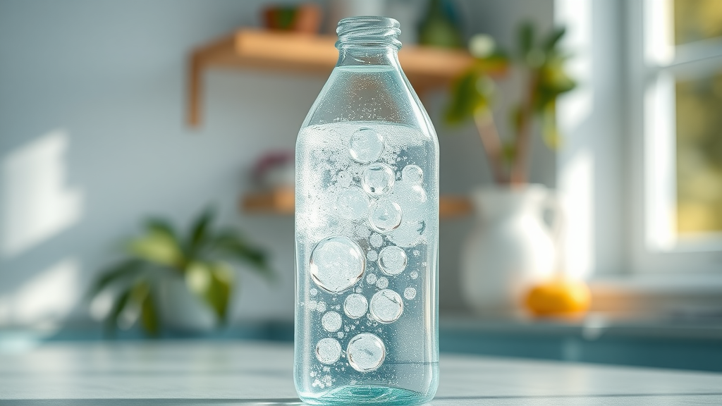 Transparent glass bottle with visible hydrogen bubbles, illustrating hydrogen infusion in a bright kitchen setting for hydrogen water bottle comparison