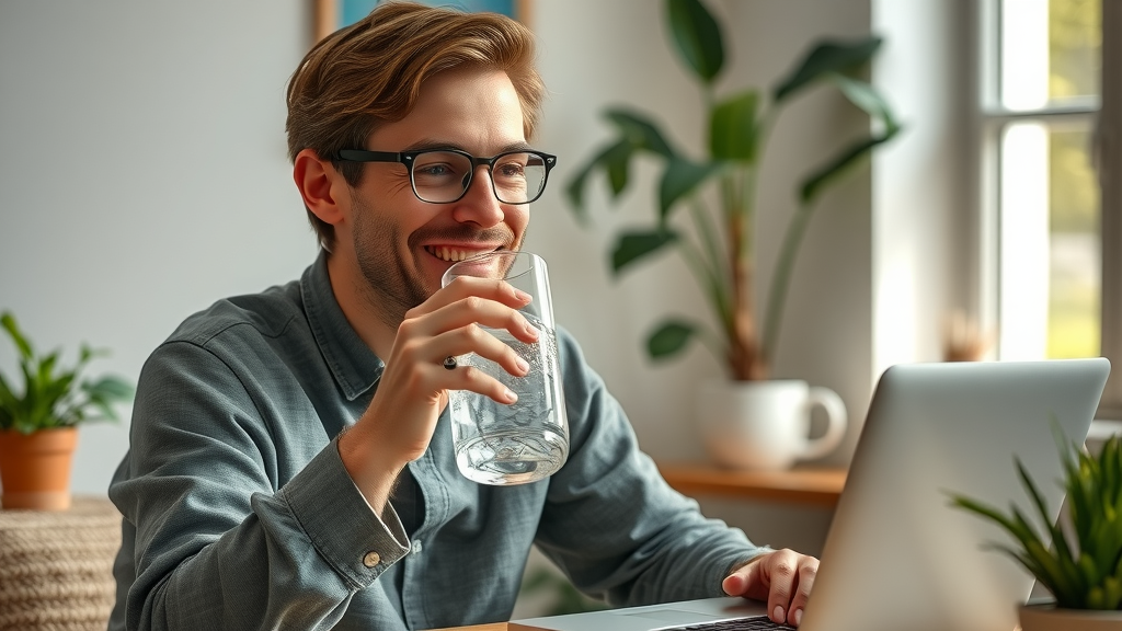hydrogen water customer review - Real user drinking hydrogen water at desk, cozy home office, authentic smile, detailed skin texture, earthy soft colors, natural daylight, 35mm lens