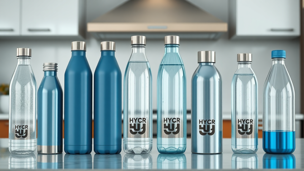 Clean, contemporary array of hydrogen water bottles in various styles and prices—featuring budget and premium models side by side on a modern kitchen countertop. Hydrogen water bottle price comparison visualized with metal and glass finishes