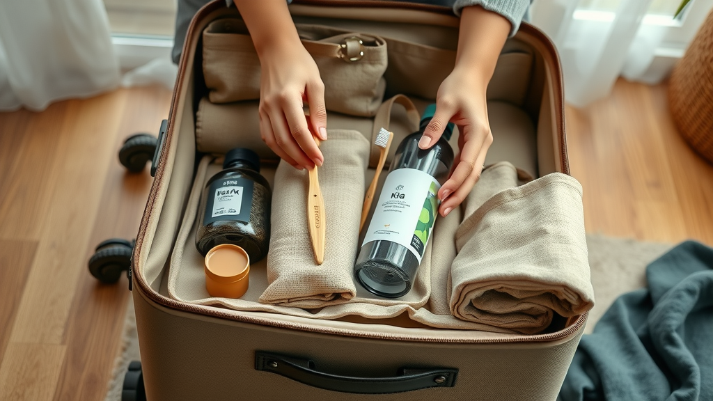 Eco-conscious traveler packing hydrogen water bottle
