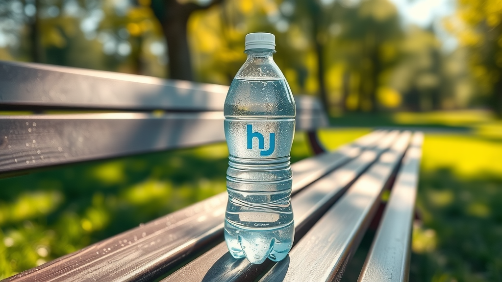 Hydrogen water bottle on park bench under sunlight, with condensation, demonstrating impact of environment on durability