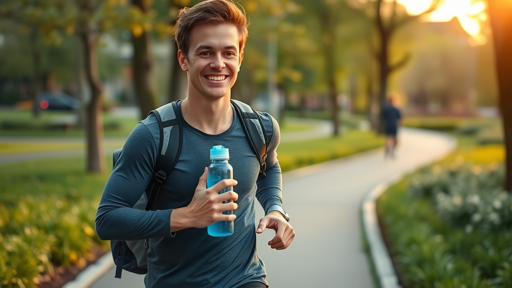 Fitness enthusiast carrying Echo hydrogen water bottle post-workout in a city park, hydrogen water bottle in motion, echo flask lifestyle.