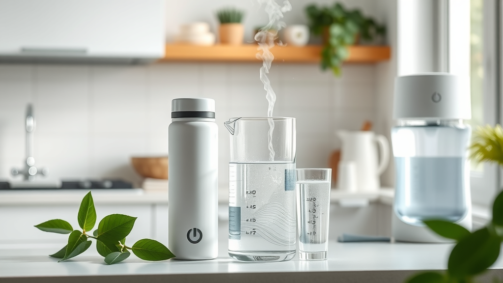 Comparison of portable and home hydrogen water devices, including water bottle, pitcher, and generator on a minimalist kitchen counter, with natural morning light and leafy green accents. Hydrogen water device display for pros and cons article.