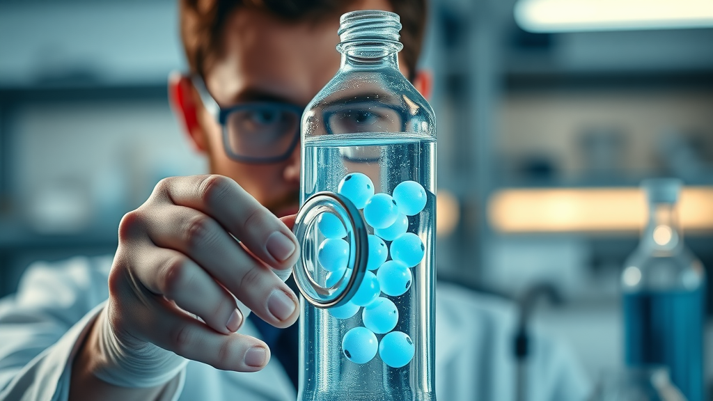 hydrogen water bottle - Scientist examining transparent water bottle with visible electrolysis plates, glowing blue hydrogen bubbles, photorealistic, contemporary science lab, crisp detail, high texture realism, cool palette, diffuse laboratory lighting, macro lens