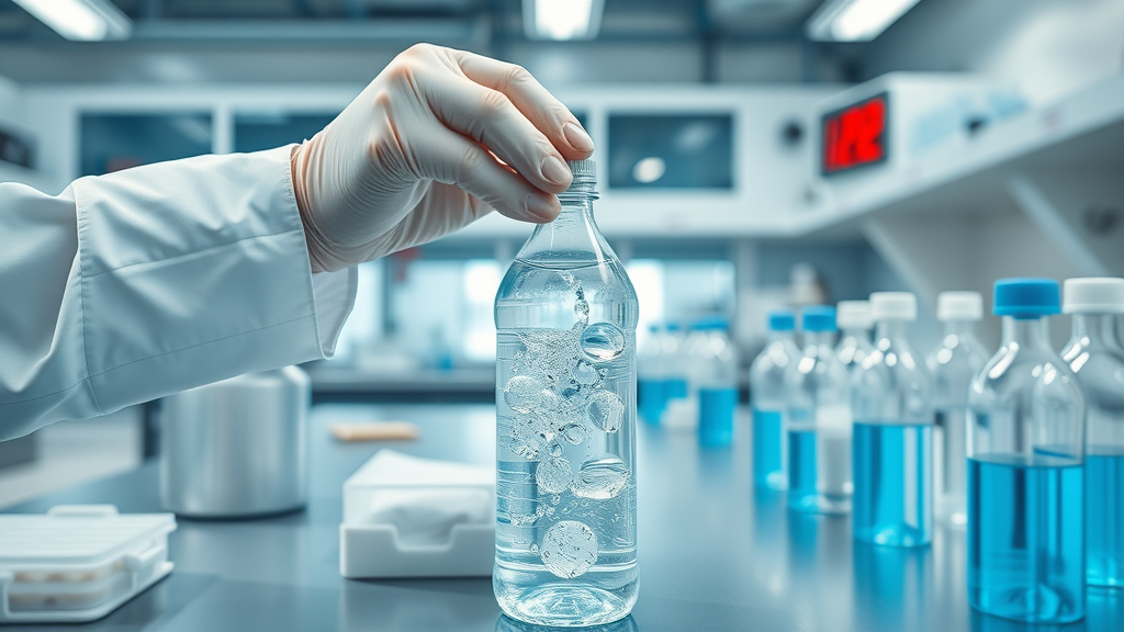 Dynamic scientific visualization of hydrogen water testing—lab technician compares effect of tap water, filtered water, and reverse osmosis on hydrogen concentration in hydrogen water bottle