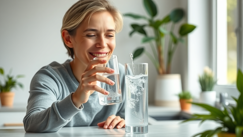 lumiq vs hydroh hydrogen water - Adult enjoying a glass of fresh hydrogen water at a kitchen counter, photorealistic, modern bright home, houseplants, clear pouring motion, subtle mist, high clarity, lifelike texture, soft neutral palette, natural window light, 50mm prime lens