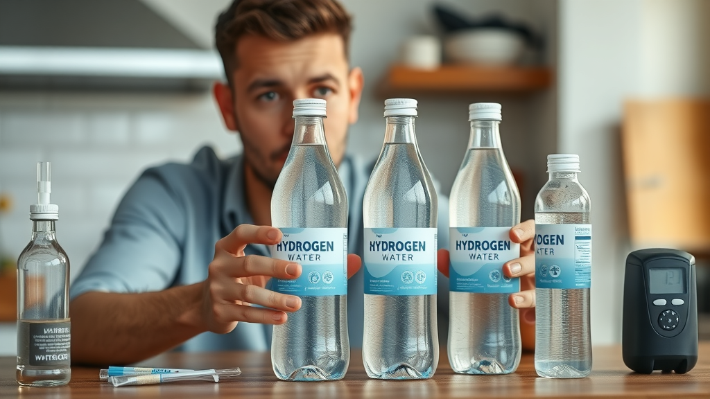 Consumer thoughtfully inspecting two different hydrogen water bottles—visual guide to checking quality during hydrogen water bottle price comparison